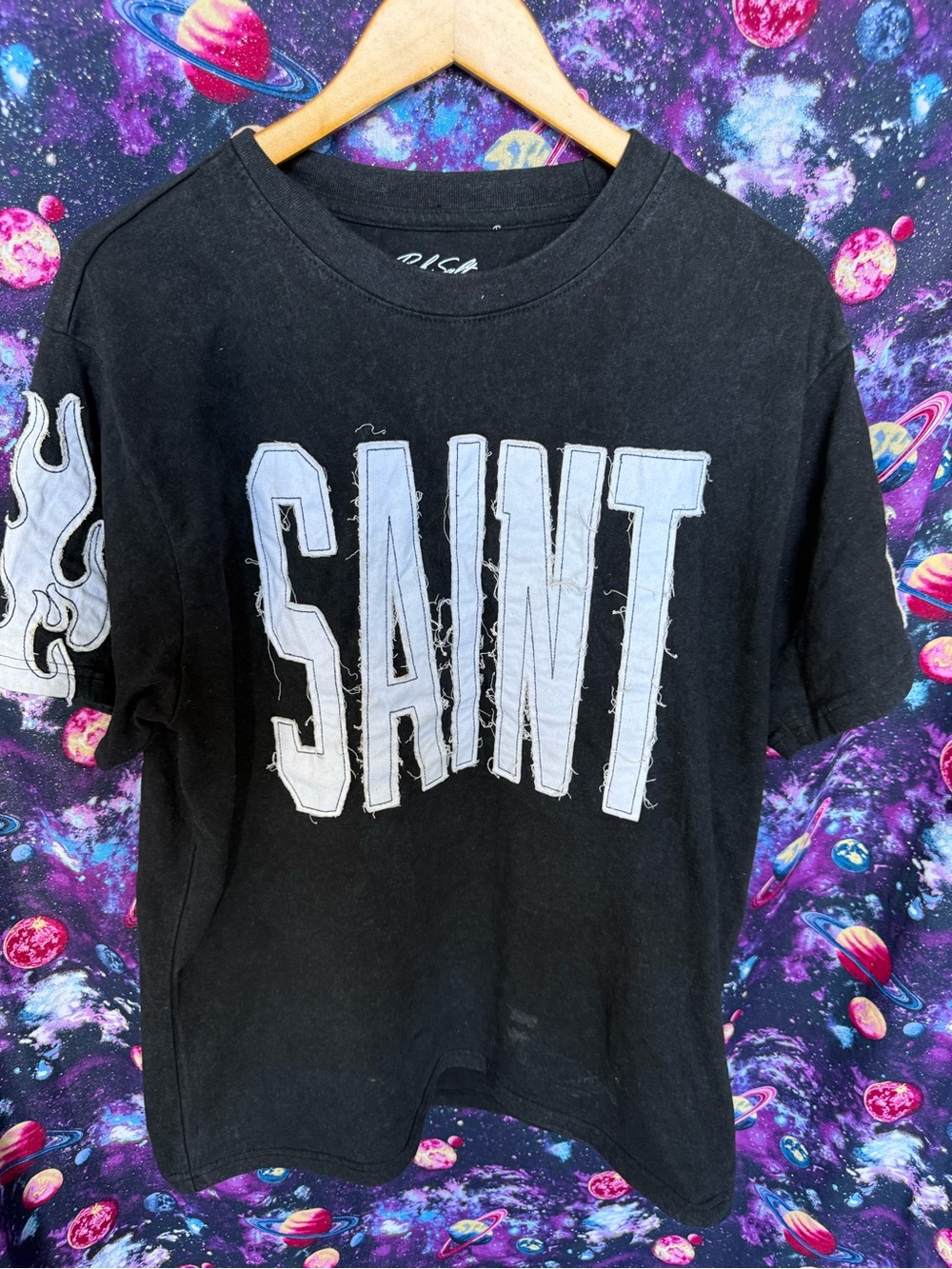 Saint Mxxxxxx Black Graphic T-Shirt Flame Sleeve Streetwear Distressed Tee
